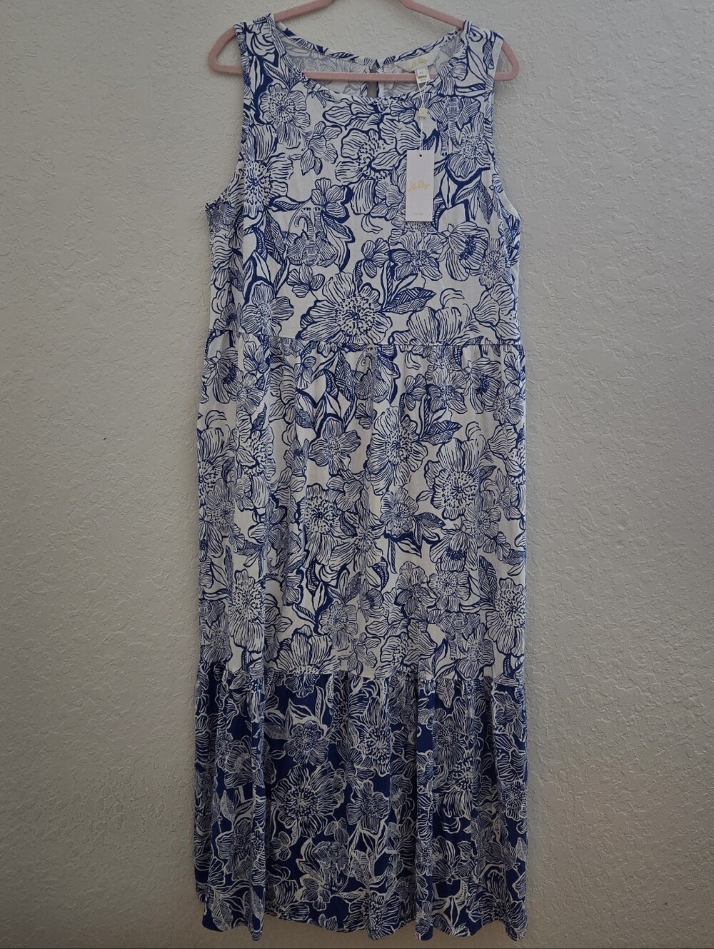 Lilly Pulitzer White Maxi Dress with Blue Floral Outline